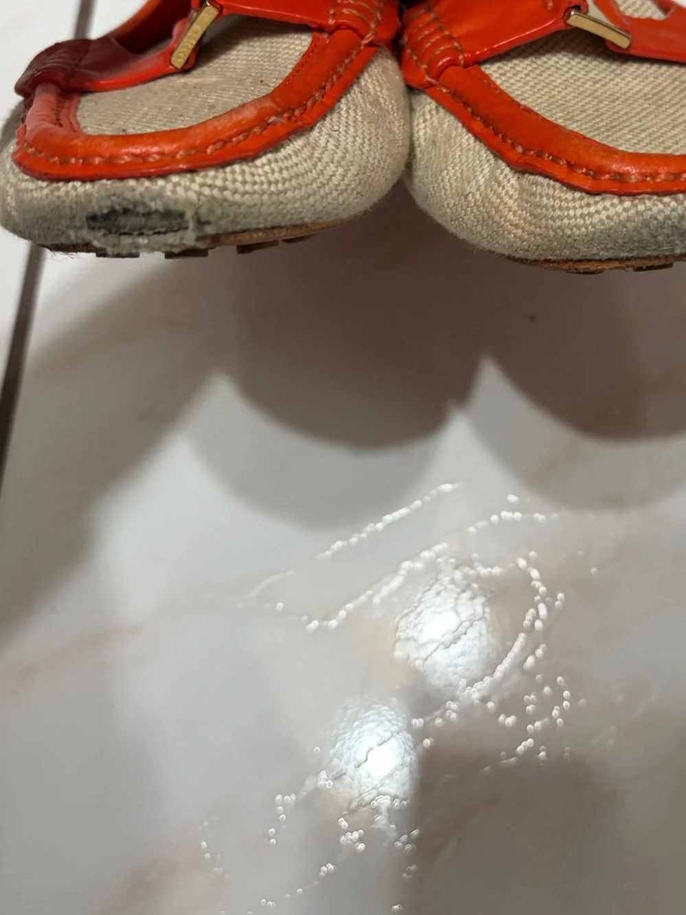 Tory Burch Beige Canvas & Orange Leather Slip-On Loafers